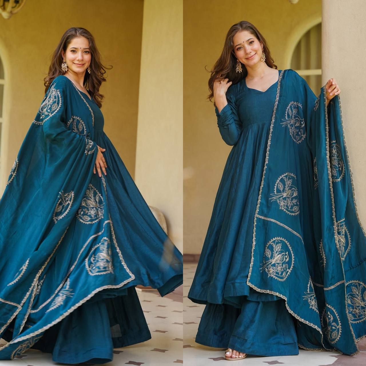 Regal Deep Navy Flared Anarkali Suit Set Featuring a Richly Embroidered Bird-Motif Dupatta with Scalloped Borders